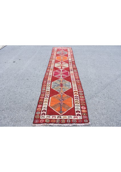 Eskitme Kilim, Türk Kilim, Runner Kilim, 85X380 Cm Kırmızı Kilim, El Dokuma Kilim, Merdivensı Kilim,