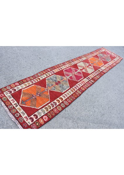 Eskitme Kilim, Türk Kilim, Runner Kilim, 85X380 Cm Kırmızı Kilim, El Dokuma Kilim, Merdivensı Kilim,