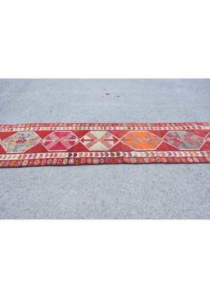 Eskitme Kilim, Türk Kilim, Runner Kilim, 85X380 Cm Kırmızı Kilim, El Dokuma Kilim, Merdivensı Kilim,