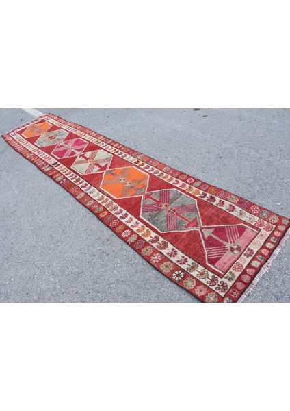 Eskitme Kilim, Türk Kilim, Runner Kilim, 85X380 Cm Kırmızı Kilim, El Dokuma Kilim, Merdivensı Kilim,