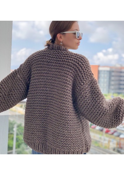 Organic Mira Organıcmıra Kahverengi Salaş Oversize Mont Ceket Hırka Chunky Cardigan Kadın