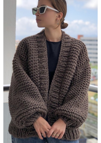 Organic Mira Organıcmıra Kahverengi Salaş Oversize Mont Ceket Hırka Chunky Cardigan Kadın