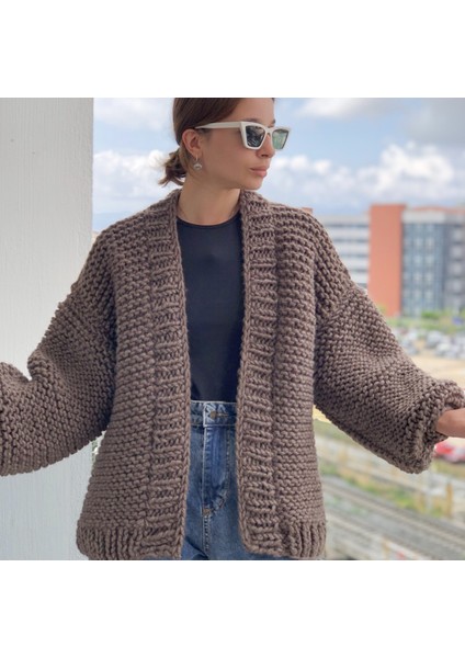 Organic Mira Organıcmıra Kahverengi Salaş Oversize Mont Ceket Hırka Chunky Cardigan Kadın