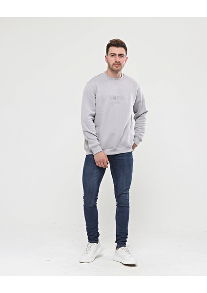Gri Kalın Içi Polarlı Örme Bol Kesim Sweatshirt
