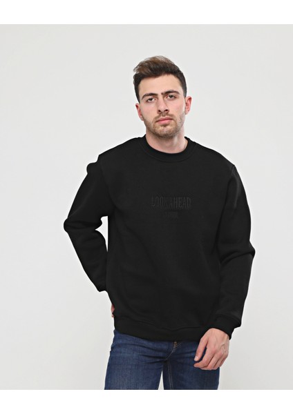 Siyah Kalın Içi Polarlı Örme Bol Kesim Sweatshirt