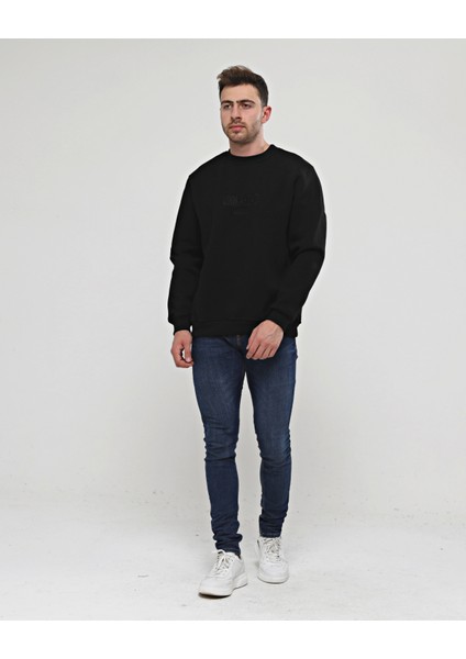 Siyah Kalın Içi Polarlı Örme Bol Kesim Sweatshirt