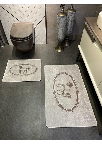 At Desen Horse Desenli 2'li Kaymaz Taban Banyo Paspas Takımı (60X100 Cm – 60X50 Cm)
