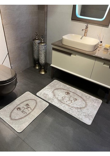 At Desen Horse Desenli 2'li Kaymaz Taban Banyo Paspas Takımı (60X100 Cm – 60X50 Cm)