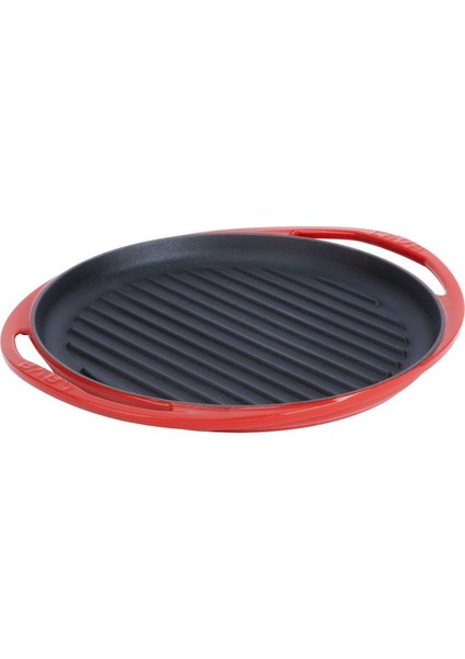 Döküm Yuvarlak Izgara Tava, Metal Kulplu. Kırmızı Renk. ÇAP(Ø)28CM.
