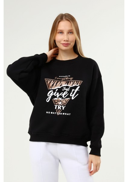 Siyah Baskılı Şardonlu Sweatshirt
