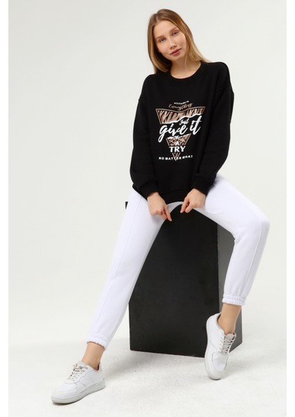 Siyah Baskılı Şardonlu Sweatshirt