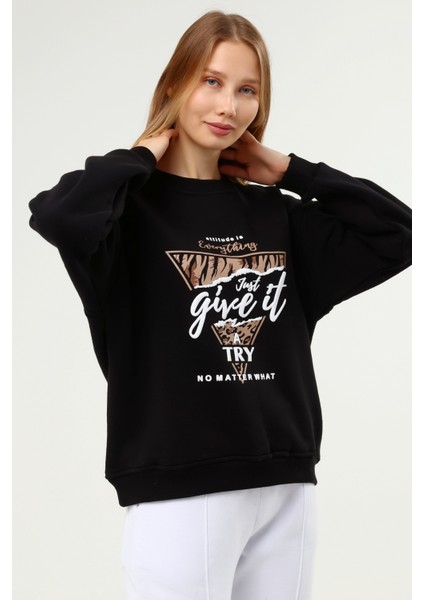Siyah Baskılı Şardonlu Sweatshirt