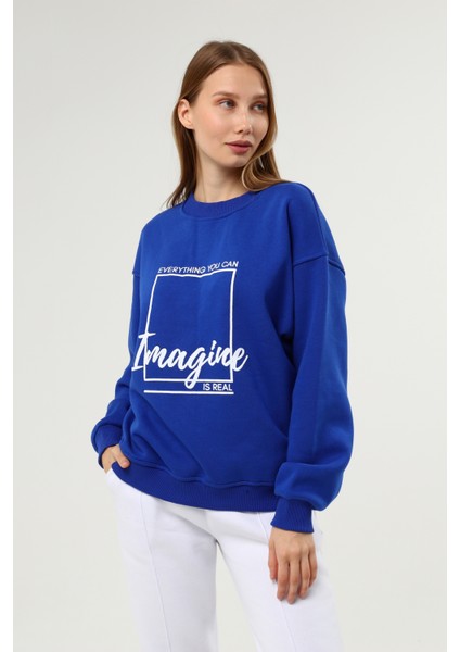 Saks Mavi Baskılı Şardonlu Sweatshirt
