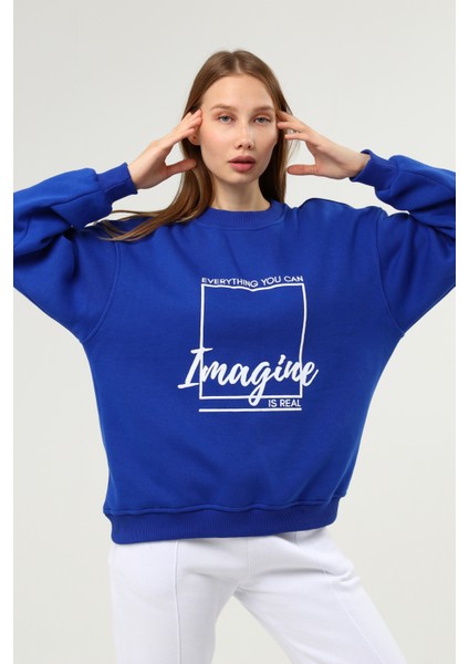 Saks Mavi Baskılı Şardonlu Sweatshirt