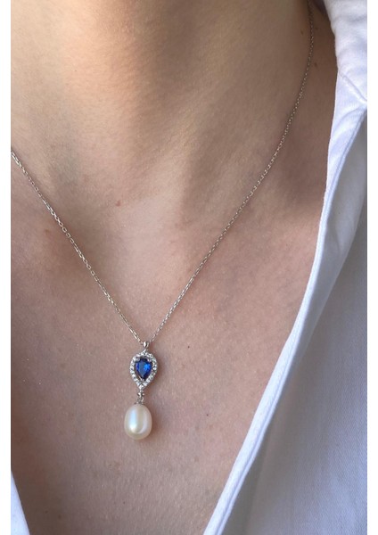 BIRINCI1926 14 Ayar Beyaz Altın Kadın Damla Safir Inci Sallantı Kolye