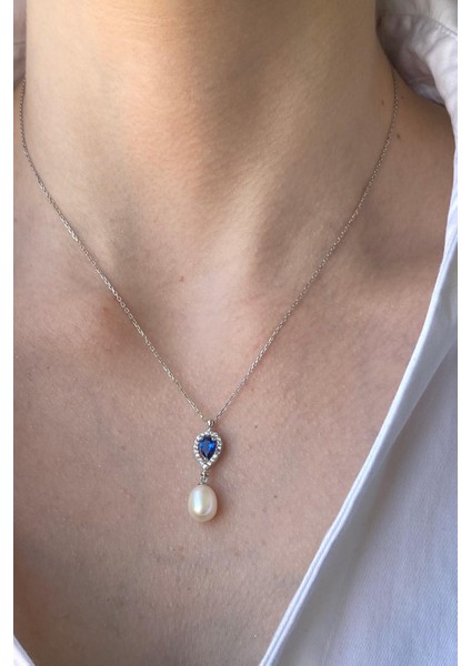 BIRINCI1926 14 Ayar Beyaz Altın Kadın Damla Safir Inci Sallantı Kolye modelleri
