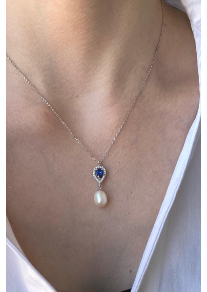 BIRINCI1926 14 Ayar Beyaz Altın Kadın Damla Safir Inci Sallantı Kolye fırsatları