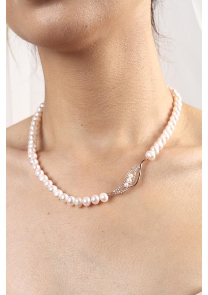 BIRINCI1926 14 Ayar Rose Altın Kadın Yaprak Taşlı Inci Kolye