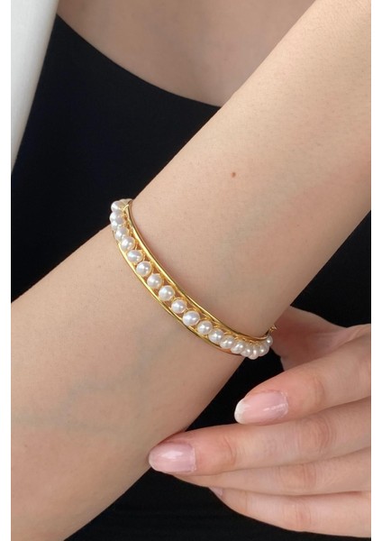 BIRINCI1926 925 Ayar Gümüş Kadın Tek Sıra Kelepçe Inci Bilezik