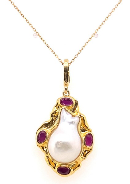 BIRINCI1926 925 Ayar Gümüş Mother Of Pearl Kırmızı Taşlı Barok Kolye fiyatları