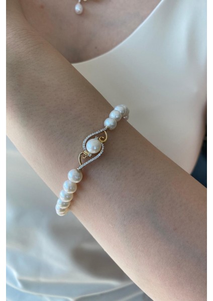 BIRINCI1926 14 Ayar Yeşil Altın Kadın Taşlı Inci Bileklik