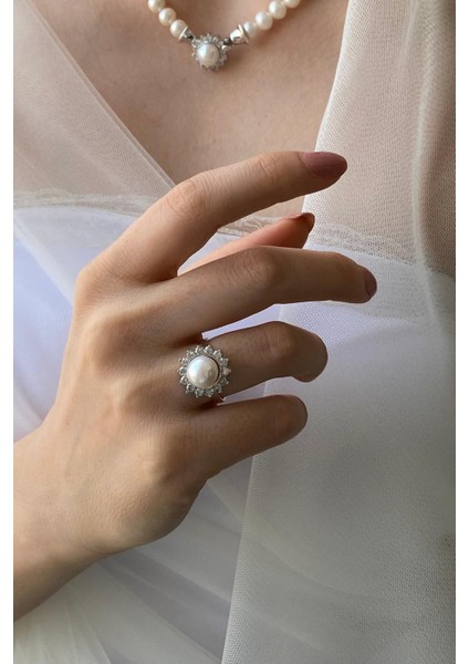 BIRINCI1926 925 Ayar Gümüş Kadın Papatya Taşlı Inci Yüzük