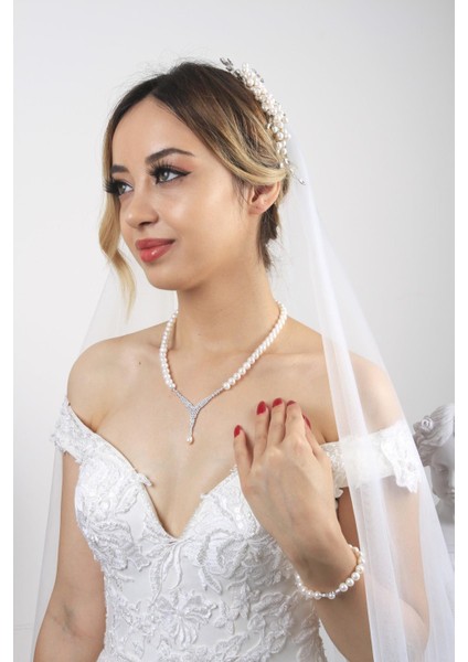 BIRINCI1926 14 Ayar Beyaz Altın Kadın Markiz Kesim Ikili Inci Set