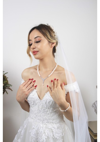 BIRINCI1926 14 Ayar Beyaz Altın Kadın Markiz Kesim Ikili Inci Set