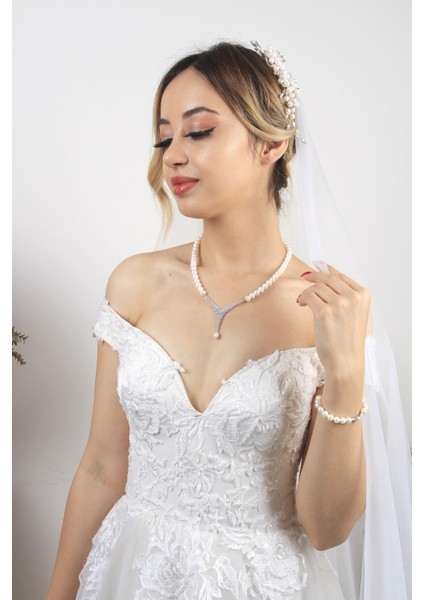 BIRINCI1926 14 Ayar Beyaz Altın Kadın Markiz Kesim Ikili Inci Set