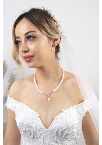 BIRINCI1926 14 Ayar Beyaz Altın Kadın Taşlı Inci Sallantılı Kolye Küpe Ikili Set