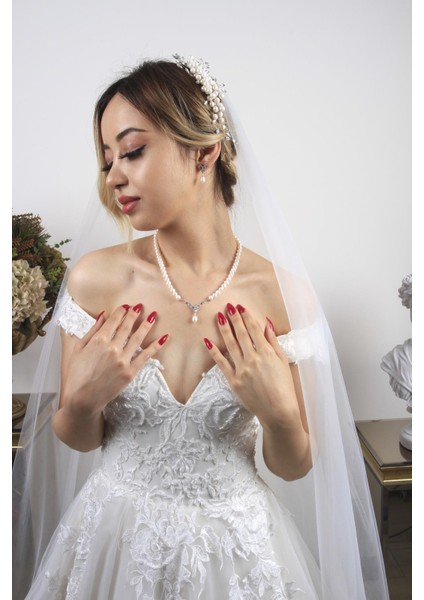 BIRINCI1926 14 Ayar Beyaz Altın Kadın Taşlı Inci Sallantılı Kolye Küpe Ikili Set
