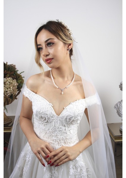 BIRINCI1926 14 Ayar Beyaz Altın Kadın Taşlı Inci Sallantılı Kolye Küpe Ikili Set