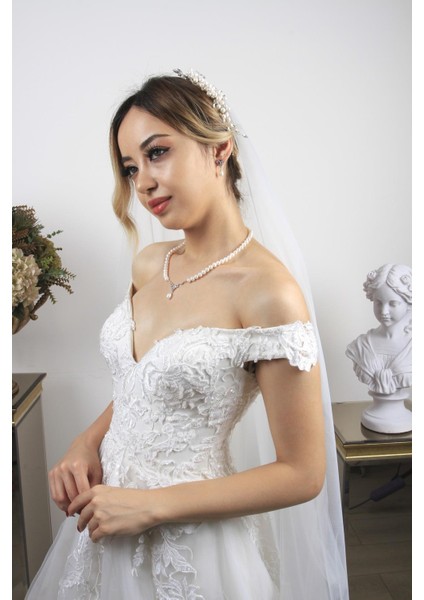 BIRINCI1926 14 Ayar Beyaz Altın Kadın Taşlı Inci Sallantılı Kolye Küpe Ikili Set