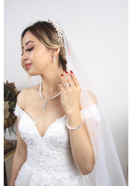 BIRINCI1926 925 Ayar Gümüş Kadın Çiçek Taşlı Inci Set
