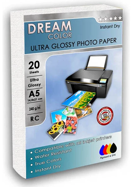 Dream Color Ultra Parlak Fotoğraf Kağıdı A5 (15X21) 20 Yaprak 240 gr (Epson, Canon, Hp, Brother)