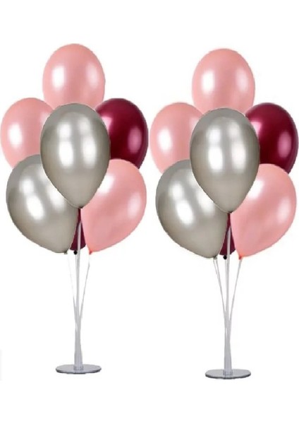 2 Adet 7'li Balon Standı ve 14 Adet Rose Gold- Gümüş - Bordo Metalik Balon Set