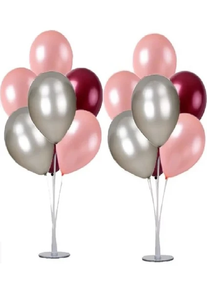 Tatlı Günler 2 Adet 7'li Balon Standı ve 14 Adet Rose Gold- Gümüş - Bordo Metalik Balon Set