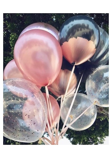 Partiniseç 25 Adet Metalik Toz Pembe (Bakır)-Şeffaf Balon, Helyumla Uçan