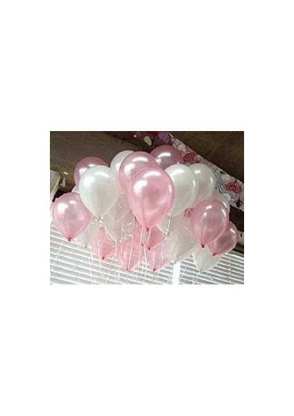 25 Adet Metalik Sedefli (Pembe-Beyaz) Karışık Balon Helyumla Uçan