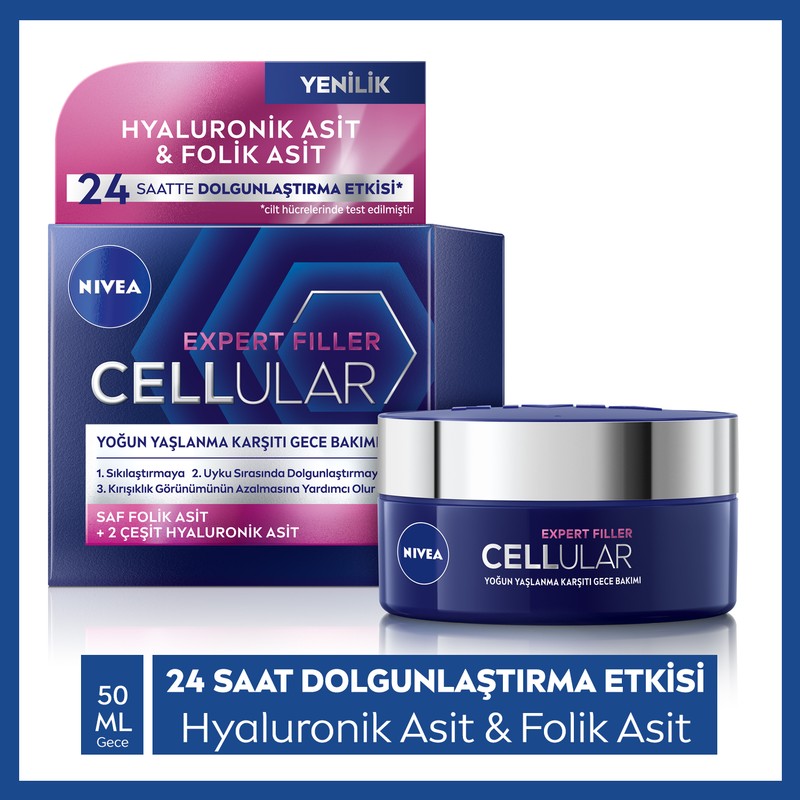 Nivea Cellular Expert Filler Yoğun Gece Yüz Bakım Kremi 50ml;Hyaluronik Asit ve Folik Asit
