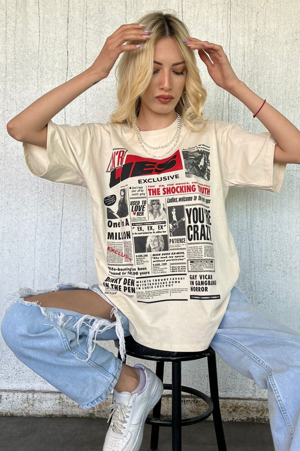 Madmext Lacivert Arka Baskılı Over Fit Kadın Tişört MG1506