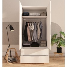 Vertex Mobilya Flora 2 Kapaklı 2 Çekmeceli Gardırop Beyaz Elbise Dolabı