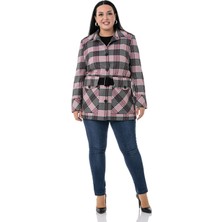 Disentis Modest Büyük Beden Cep ve Kemer Detaylı Astarlı Siyah Fuşya Ceket