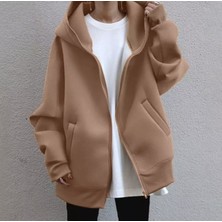 Amor Man Özel Tasarim Kapüşonlu Tam Fermuarli Kalin Kişlik %100 Pamuk Süper Oversize Kadin Sweatshirt