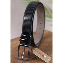 Kasva Deri 3.5 cm Siyah Rugan Desenli Suni Klasik Kemer