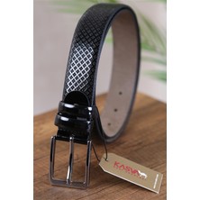 Kasva Deri 3.5 cm Siyah Rugan Desenli Suni Klasik Kemer