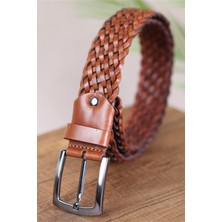 Kasva Deri 4 cm El Örgüsü Taba Deri Kemer