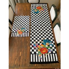 Lilies Atelier Mackenzie Model Siyah Damalı Çizgili Çiçek Desen 45 x 150 cm Runner ve Mutfak Havlusu Takım Luxury Dekor