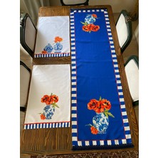 Lilies Atelier Lacivert Çini Vazo Desen 45 x 150 cm Runner ve Çini Vazokırmızı Çiçek Desen 2 Adet Mutfak Havlusu Takım