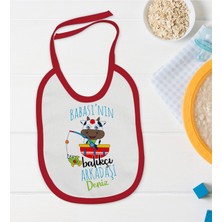 Bk Kids Kişiye Özel Babasının Balıkçı Arkadaşı Tasarımlı Kırmızı Bebek Mama Önlüğü-1